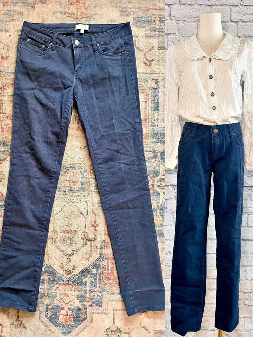 Y2K Forever 21 I LOVE H81 Low Rise Skinny Jeans Pants Navy Blue Fall Academia